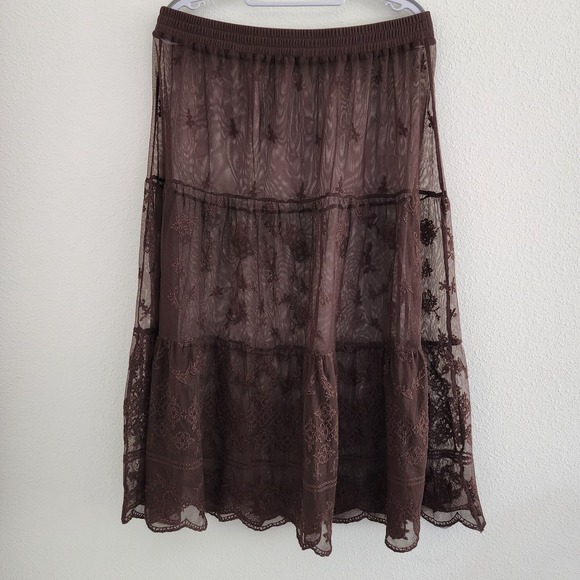 y2k Women Whimsigoth Skirt L-1XL Brown Lace Steampunk Tiered Maxi Skirt Grunge - Picture 8 of 9